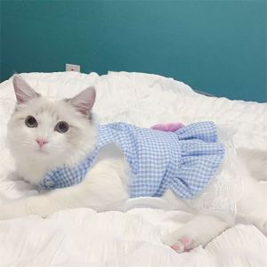 Spring and Summer Thin Cat Clothes Cute Dress Muppet Jira Blue and White Pet Dog Summer Lace Princess Dress