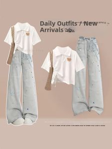 NUMEN BUTTON | College Style Set Womens Polo Collar Short Sleeve Top and Jeans Two-Piece