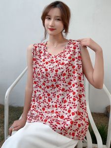 Ladies Summer Loose Large Size Silk Cotton Vest Artificial Cotton Nightgown Home Sweatshirt Floral Thin Sleeveless Top