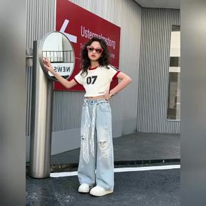 New Ripped Jeans for 7-16years Kids Girls Denim Jeans With Lace Belt Wide Leg Pants Teens Girls Straight Leg Pants Fashion Baggy Jeans Loose Pants New Style Fashion
