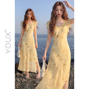 YOUXIANG | Đầm Hè Kiểu Pháp In Hình Bướm Ôm Body Dài
