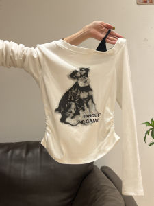 White Asymmetrical Shoulder Long Sleeve T-Shirt Womens Early Autumn Base Shirt Pleated Base Layer Dog Print Korean Style Top