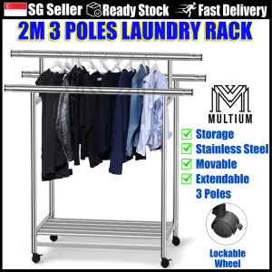 2M 3 Poles Stainless Steel Laundry Rack Extendable Large Capacity Clothing Durable Sturdy Movable Wheels