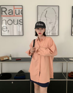 Korean version of womens stand collar button top new oversize casual shirt long sleeves