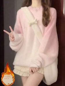 สีชมพูอเมริกัน ดีไซน์ สีไล่ระดับสี ผู้หญิง เสื้อสเวตเตอร์ ฤดูใบไม้ร่วง ฤดูหนาว หวาน Soft Loose เสื้อสเวตเตอร์ถัก ผ้าขนแกะ เรียงราย หนาขึ้น ด้านบน