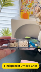 4 Grids Pill Container with Lanyard Transparent Dispenser Portable Pill Bottle Organizer with Divided Grid and Slide Opening Travel Tablet Organizer for Daily Supplements