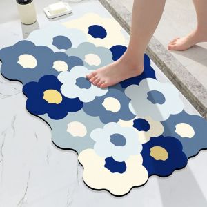 VIKAMA Wavy Flower-Patterned Bathroom Mat Water-Absorbent Diatomaceous Earth Doormat Non-Slip Entryway Mat Home Decor