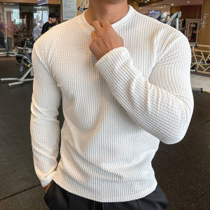 Textured Knitted Long Sleeve T-Shirt Mens Soft Breathable Slim Fit Running Sports Training Fitness Wear round Neck Solid Color