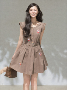 KEIKO | Brown Cartoon Embroidery Short Sleeve Summer Tied Waist A-Line Cotton Dress