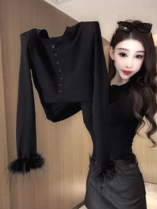 Áo Thun Nữ Tay Dài Cổ Tròn Nút Nửa Mùa Đông Mới Áo Lót Lót Lông Cừu Đa Năng Bên Trong Áo Phông Chất Lượng Cao Cấp