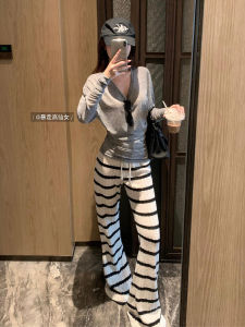 Rambling Fairy 175 Tall Lazy Stripes Knitting Bootcut Trousers Female Lengthen Straight Casual Mop Pants