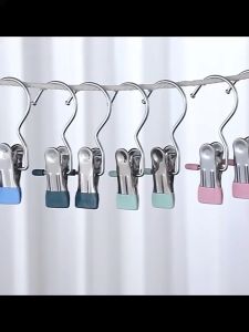 【Cologo】 1pcs Portable Colorful Stainless Steel Anti slip Clip Closet Space Saving Storage Clip With Hook Balcony Laundry Drying Windproof Clip Hook 02