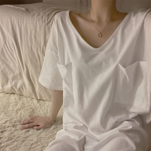 กระโปรงนอนแบบยาวทรงกระบอกทรงหลวมคอวีแขนสั้นสไตล์ชิวๆแนวญี่ปุ่นชุดใส่ในบ้านผ้าฝ้ายผสมผ้าลินินใส่สบายชุดนอนใส่ออกไปข้างนอกได้สำหรับผู้หญิง