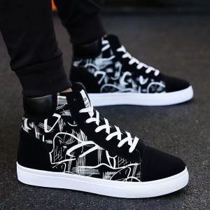 Lace Up High Cut Sneakers For Men: Korean Fashion Breathable Rubber Shoes Comfortable Flat Casual Running Shoes For Men On Sale