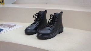 SOBREMESA STORE Giày bốt Martin nữ buộc dây phía trước màu đen bốt xu hướng thời trang mới mùa hè đế dày bốt tăng chiều cao và giảm béo