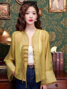 New Chinese Style Womens Chiffon Shirt Loose Lightweight Summer New Breathable Retro Top Sun Protection Thin Model Polo Collar