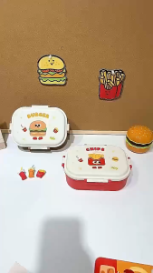 Oldlaiben Kid Lunch Box with Spoon and Fork Cartoon Student School Food Storage Container Grid Speration 便当盒