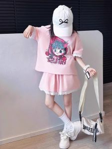 Girls Summer Outfit 2025 New Style Childrens Cartoon T-shirt Lace Shorts Two-piece Set Sweet Style Cotton Material