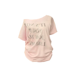 Pink Korean Style Asymmetrical Shoulder Letter Print Short Sleeve T-Shirt Womens Pure Cotton Youthful Versatile Slimming Trendy Top