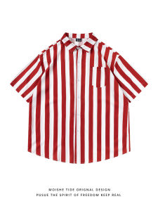 เสื้อเชิ้ตแขนสั้นลายทาง MOISHE TIDE ทรงหลวมสบาย ๆ ระบายอากาศได้ดี ทรงหลวม แขนสั้น สีแดง สำหรับผู้ชายและผู้หญิง