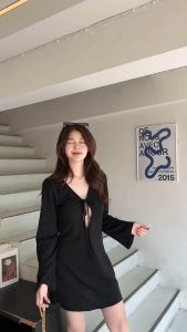 เดรสแขนแขนยาวเว้าอก - LULU KNIT MINIDRESS - สาวอวบ, ป้าย Sheeny ด้วย คอกลมผูกอกได้ผ้าดีมาก