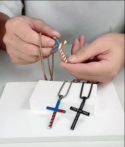 Kemstone Stainless Steel The Stars and Stripes Cross Pendant Necklace