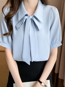 Summer New Style Commute Professional Womens Shirt Loose Slim Short Sleeve Cover Belly Chiffon Blouse Fashionable Versatile