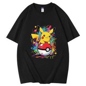 Bandai | Pokémon Pikachu Short-sleeved Childrens and Adult T-shirt with Anime Cartoon Design Made of Pure Cotton Suitable for Summer