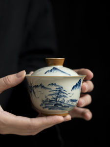 Hand-Painted Ceramic Tea Set Vintage Style Hand-Drawn Landscape Three-Axis Cover Bowl Large Bubble Tea Bowl Non-Scalding Home Use