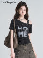 La Chapelle | Letter Print Off-Shoulder Slim Fit Short Tee. 