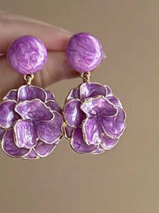 Hoa Hồng Sương Mù 2024 Mới Vintage Nhỏ Giọt Men Tím / Tím Violet / Tím Hoa Cà Bông Tai Hoa Phóng Đại Cao Cấp Cảm Giác Khối Lượng Nhỏ Kỳ Nghỉ Trang Sức