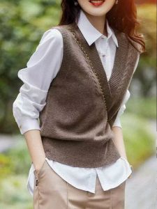 เสื้อสเวตเตอร์ถักคอวีผ้าขนสัตว์สำหรับผู้หญิง ฤดูใบไม้ร่วง 2023 เสื้อกั๊กถักแบบลำลอง เสื้อคลุมกันหนาว เสื้อถักนิตติ้ง ฤดูใบไม้ร่วง 2023