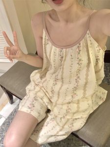 ฤดูร้อน INS สไตล์เกาหลีกางเกงขาสั้นชุดนอนชุดผู้หญิงผ้าฝ้ายพิมพ์ลายดอกไม้ 2 ชิ้นชุดเซ็กซี่ผ้าฝ้าย Homewear