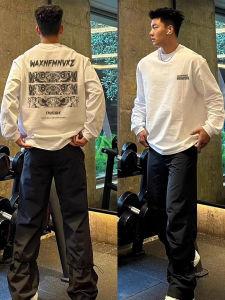 เสื้อยืดคอกลมแขนยาวสีดำสไตล์อเมริกันสำหรับผู้ชาย ทรงหลวม ผ้าฝ้ายแท้ ทรงพอดีตัว แฟชั่นฤดูใบไม้ร่วง/ฤดูหนาว