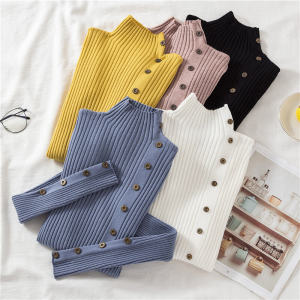 Slim Fit Knitted Base Layer Shirt Autumn Winter New Style Half High Collar Fashionable Womens Single Button Long Sleeve Top