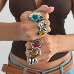 IngeSight.Z 6Pcs/Set Fashion Retro Irregular Geometric Metal Rings for Women Hip-Hop Punk Oval Resin Rings Set Versatile Jewelry