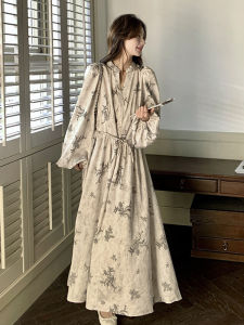 Retro French Floral Print A-Line Dress Womens Chinese Style Water-Media Painting Waist-Cinching Tea Break Long Sleeve V-Neck Dress