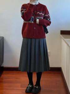 กระโปรงทรงเอเอวสูง ผ้าขนสัตว์สีเทา กระโปรงทรงสั่นสำหรับผู้หญิงไซส์ใหญ่ ฤดูใบไม้ผลิและฤดูใบไม้ร่วง กระโปรงทรงเอยาวปานกลาง