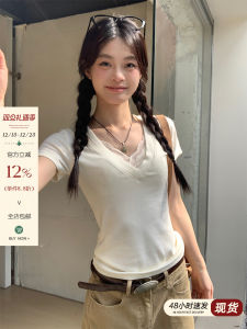 Pure Desire White Short Sleeve V-neck T-shirt Womens Summer Slim Fit Short Style Hot Girl Top Korean Version Commute Style