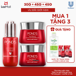 [VC 15% tối đa 70K đơn 399K] Combo Serum ngày và 2 Kem dưỡng ngày & đêm Ponds Age Miracle mờ đốm nâu nếp nhăn với 50X Hexyl-Retinol 30G+45G+45G