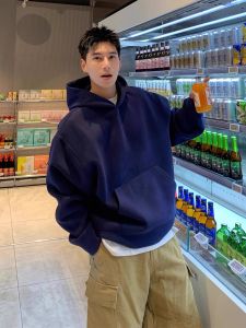 เสื้อสเวตเตอร์ฮู้ดผ้ากำมะหยี่ชายสไตล์อเมริกัน ทรงหลวม ปกโปโล แขนยาว ฤดูใบไม้ร่วง/ฤดูหนาว ขนแกะหนา เสื้อคลุมกันหนาว