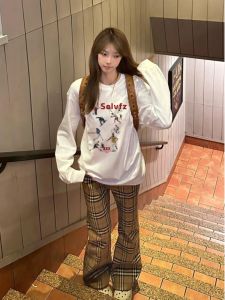 Pure Cotton Long Sleeve T-Shirt Womens Loose Casual Top Trendy Lazy Style High School Student Fashionable Print round Neck