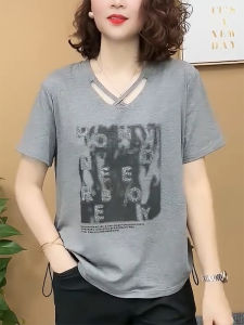 QINGNAER | V-Neck Hollow Out Sequin Letter Printed Short Sleeve T-Shirt Large Size