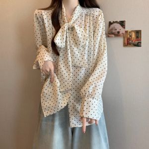 French Butterfly Knot Polka Dot Long Sleeve Shirt Women Early Autumn plus Size Flattering Slimming Midi Trendy Ageless Blouse