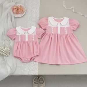 Fashion New Summer 0-24M Baby Romper Short Sleeves Cotton Baby Girl Pink Bodysuit 2-6Yrs Kids Princess Dress Sister Dress