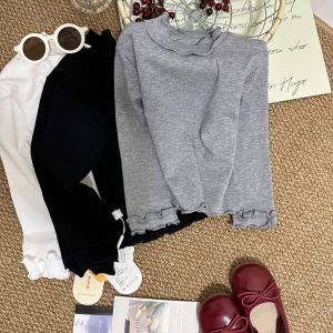 Pure Color Long Sleeve T-Shirt for Girls Spring Autumn New Style Baby Base Shirt Thin Top Inner Wood Grain Ruffle Design