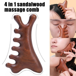 4-in-1 Sandalwood Massage Comb Body Massager Tool Multi-function Head/Face/Neck/Shoulder Massage Comb Blood Circulation Promotion Anti-Static
