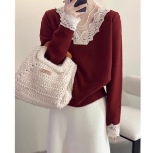 WANGGONGZHU | French Lace Knitted Base Shirt Women Spring Autumn New Ageless Stylish Design Beautiful Top Korean Style Loose Fit Long Sleeve V-Neck