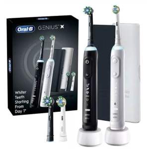 Hộp 2 bàn chải điện và 2 đầu thay Oral-B Genius X Rechargeable Electric Toothbrush 2-pack Black and White