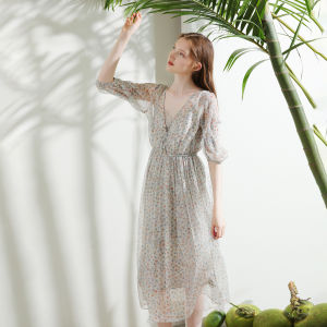 Miccbeirn | Elegant V-neck Silk Long Dress Floral Print Two-piece Set High Waist Gown Vintage Style Commute Simple Style Spring Summer